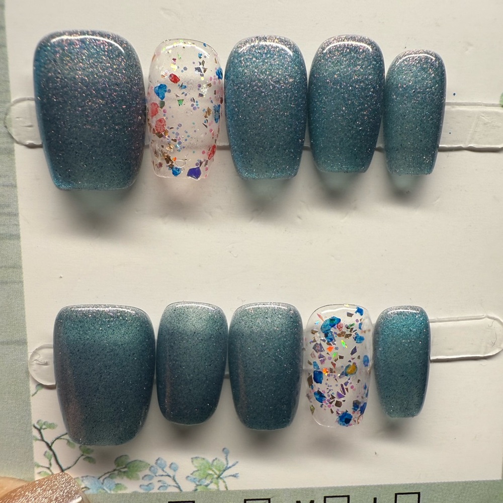 Glittery Blue Press-On Nails with Confetti Accent